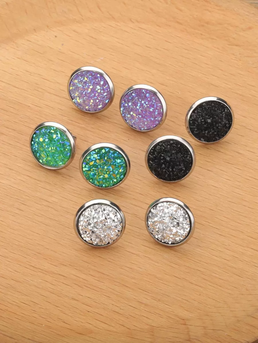 4對金屬亮絲圓形耳釘,不銹鋼首飾類 - 彩色 - 查看 1