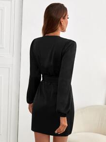 Lantern Sleeve Wrap Hem Belted Satin Dress - Black - View 2