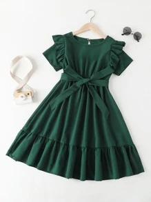 Girls Ruffle Trim Keyhole Back Belted Dress - Dark Green - View 1