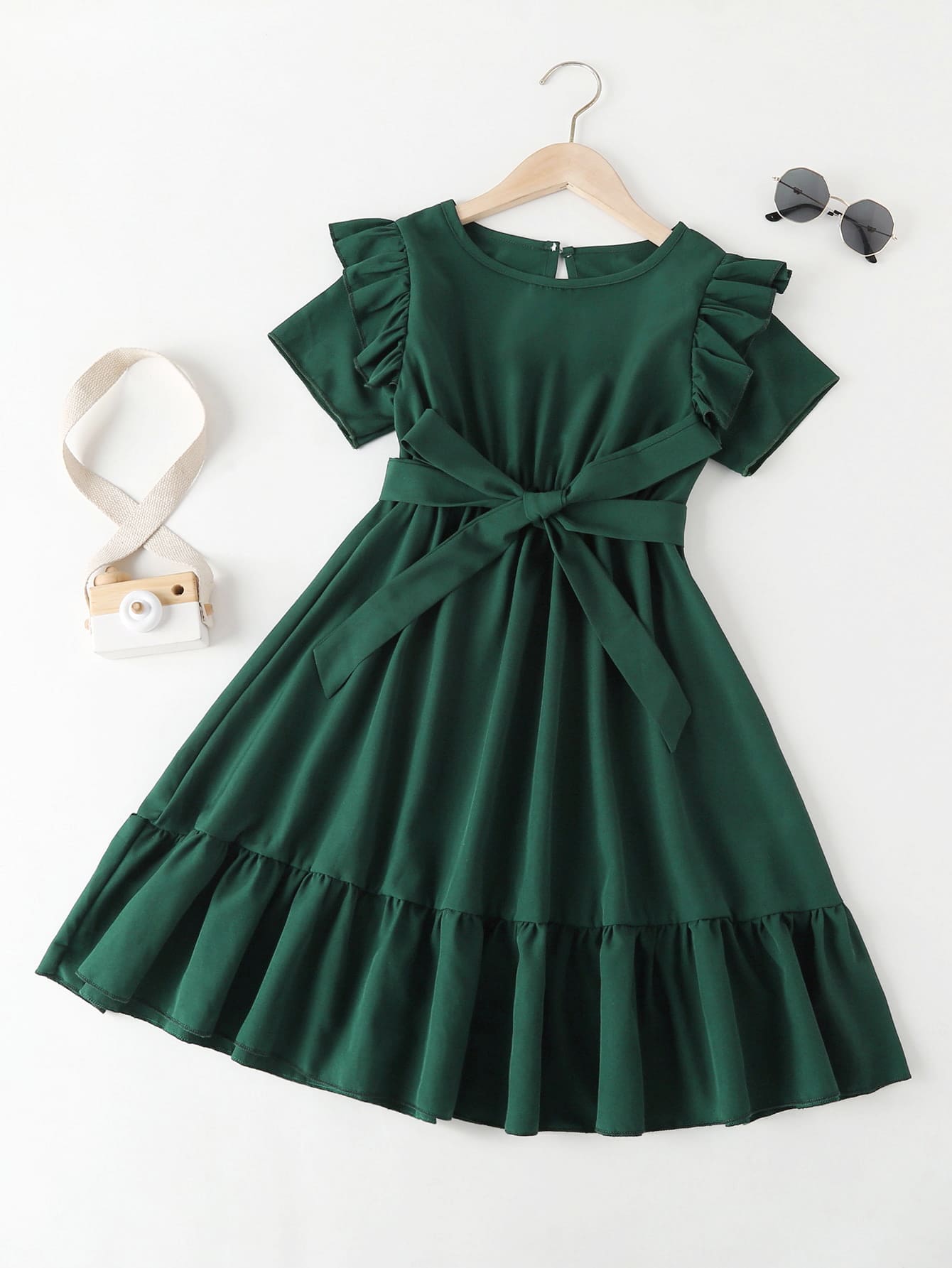 Girls Ruffle Trim Keyhole Back Belted Dress - Dark Green - View 1