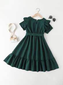 Girls Ruffle Trim Keyhole Back Belted Dress - Dark Green - View 2