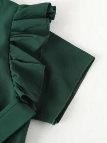 Girls Ruffle Trim Keyhole Back Belted Dress - Dark Green - View 4