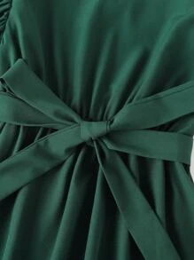 Girls Ruffle Trim Keyhole Back Belted Dress - Dark Green - View 5