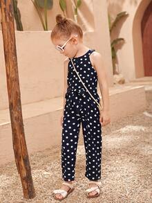 小女童1入組波卡圓點後鎖孔腰帶連身褲 - 藏蓝色 - 查看 4