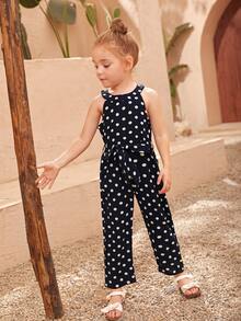 小女童1入組波卡圓點後鎖孔腰帶連身褲 - 藏蓝色 - 查看 5