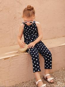小女童1入組波卡圓點後鎖孔腰帶連身褲 - 藏蓝色 - 查看 6