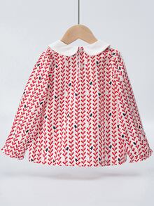 YINGZIFANG 小女童植物圖案彼得潘領上衣 - 紅白色 - 查看 2