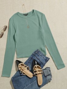 SHEIN Essnce Camiseta corta unicolor tejida de canalé - verde menta - Ver 1