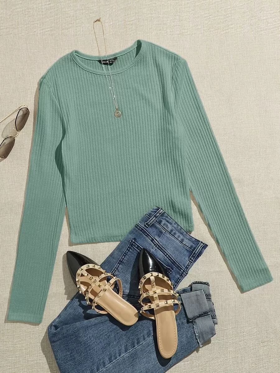 SHEIN Essnce Camiseta corta unicolor tejida de canalé - verde menta - Ver 1