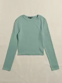 SHEIN Essnce Camiseta corta unicolor tejida de canalé - verde menta - Ver 3