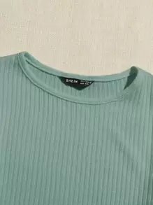 SHEIN Essnce Camiseta corta unicolor tejida de canalé - verde menta - Ver 4