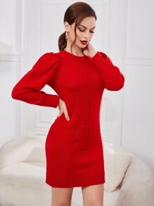 SHEIN Puff Sleeve Cable Knit Jumper Dress - Red - View 1