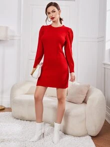SHEIN Puff Sleeve Cable Knit Jumper Dress - Red - View 3