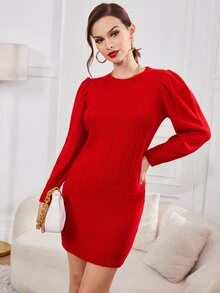 SHEIN Puff Sleeve Cable Knit Jumper Dress - Red - View 4