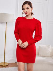 SHEIN Puff Sleeve Cable Knit Jumper Dress - Red - View 5