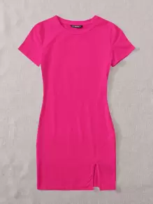 SHEIN EZwear Neon Pink Split Hem Solid Dress,Summer Dresses For Women