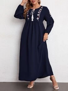 Modelyn Plus Plant Embroidered Tie Neck Lantern Sleeve Dress - Navy Blue - View 1