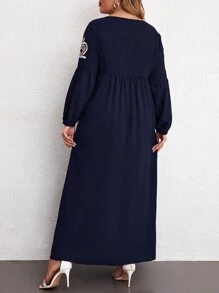 Modelyn Plus Plant Embroidered Tie Neck Lantern Sleeve Dress - Navy Blue - View 2