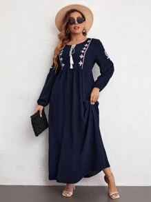 Modelyn Plus Plant Embroidered Tie Neck Lantern Sleeve Dress - Navy Blue - View 3
