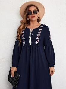 Modelyn Plus Plant Embroidered Tie Neck Lantern Sleeve Dress - Navy Blue - View 4