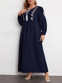 Modelyn Plus Plant Embroidered Tie Neck Lantern Sleeve Dress - Navy Blue - View 5