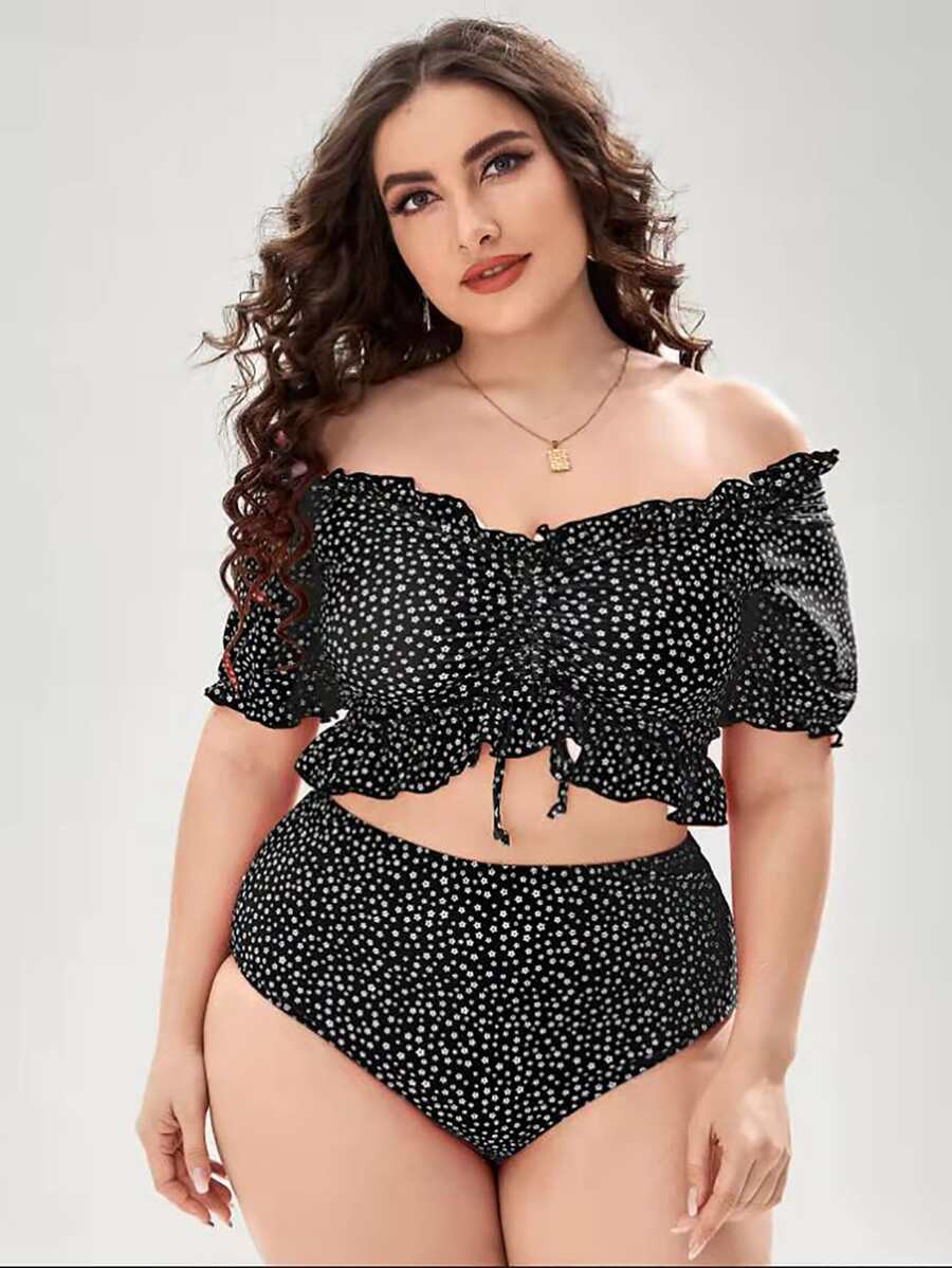 SHEIN Swim Curve 夏日海灘大尺寸短袖花卉印花生菜鑲邊比基尼套裝 - 黑色 - 查看 1