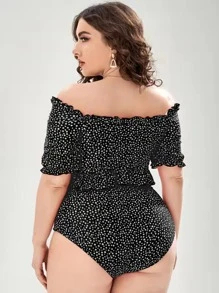 SHEIN Swim Curve 夏日海灘大尺寸短袖花卉印花生菜鑲邊比基尼套裝 - 黑色 - 查看 2