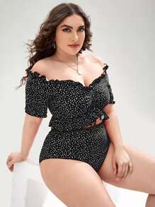 SHEIN Swim Curve 夏日海灘大尺寸短袖花卉印花生菜鑲邊比基尼套裝 - 黑色 - 查看 3