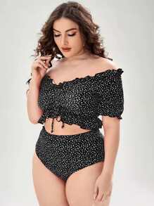 SHEIN Swim Curve 夏日海灘大尺寸短袖花卉印花生菜鑲邊比基尼套裝 - 黑色 - 查看 4
