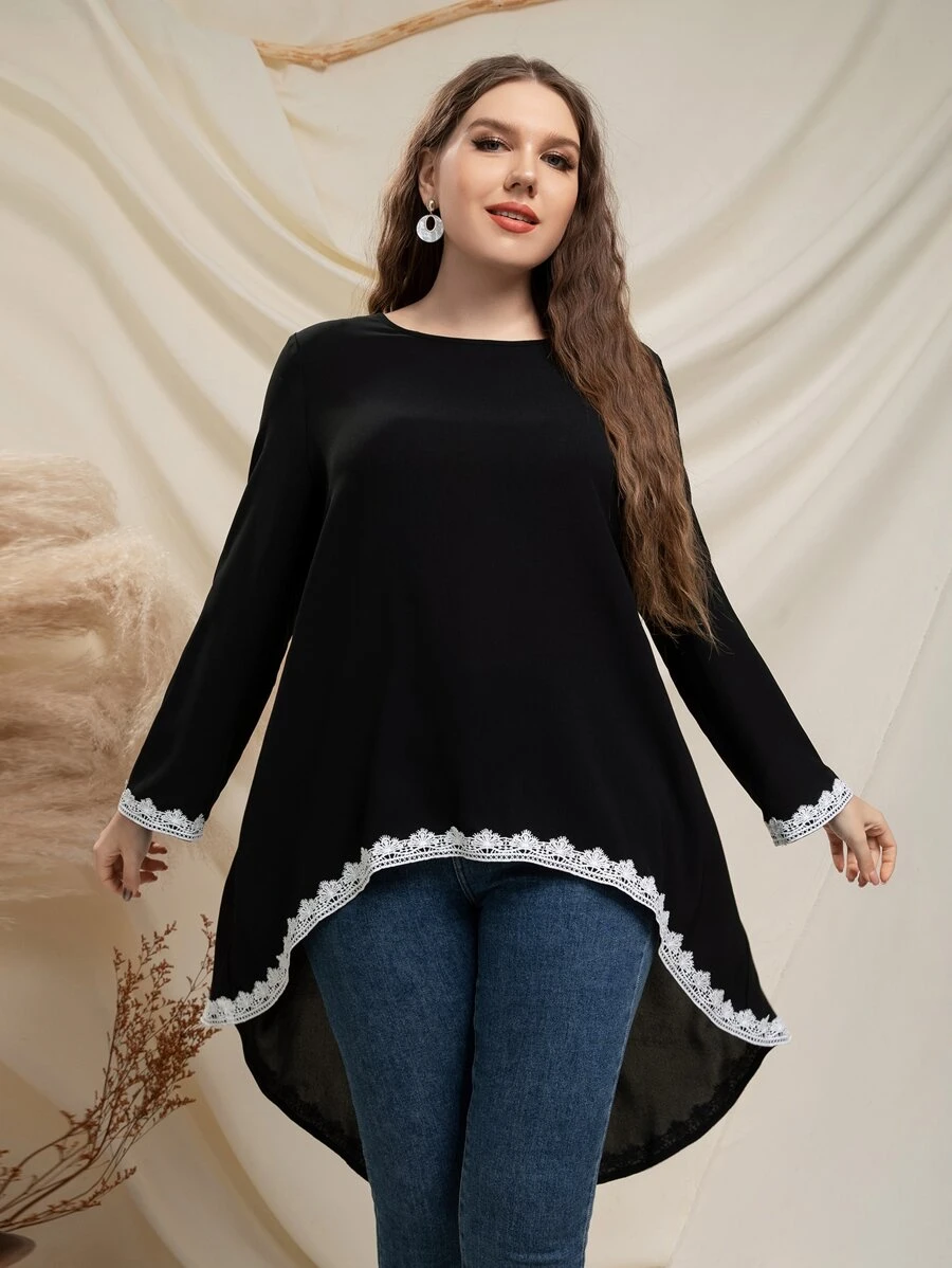 SHEIN LUNE Plus Guipure Lace Trim High Low Blouse - Black - View 1