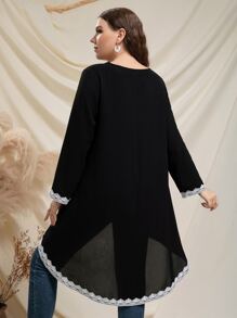SHEIN LUNE Plus Guipure Lace Trim High Low Blouse - Black - View 2