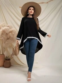 SHEIN LUNE Plus Guipure Lace Trim High Low Blouse - Black - View 3
