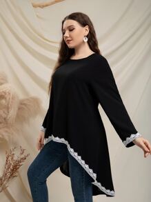 SHEIN LUNE Plus Guipure Lace Trim High Low Blouse - Black - View 4