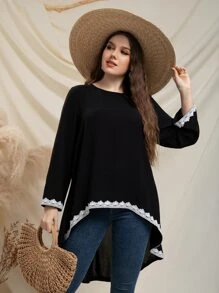 SHEIN LUNE Plus Guipure Lace Trim High Low Blouse - Black - View 5