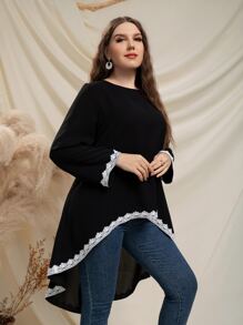 SHEIN LUNE Plus Guipure Lace Trim High Low Blouse - Black - View 6