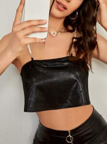 SHEIN 水鑽鏈條金屬質感吊帶上衣 - 黑色 - 查看 1