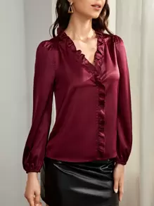 SHEIN Privé V領荷葉邊緞面襯衫