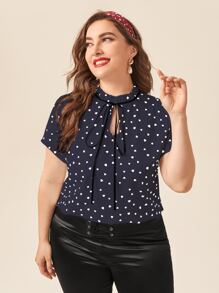 大碼心形圖案繫帶領襯衫 - 藏蓝色 - 查看 1