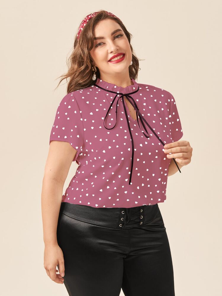 Áo sơ mi Plus Size viền lá sen Tim Tất cả trên in Thanh lịch - Bụi hồng - Xem 4