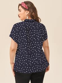 大碼心形圖案繫帶領襯衫 - 藏蓝色 - 查看 4