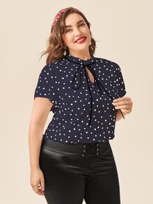 大碼心形圖案繫帶領襯衫 - 藏蓝色 - 查看 5