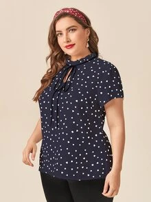 大碼心形圖案繫帶領襯衫 - 藏蓝色 - 查看 6