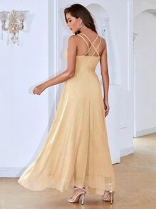 Solid Criss Cross Belted Chiffon Dress - Apricot - View 2
