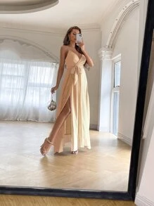 Solid Criss Cross Belted Chiffon Dress - Apricot - View 3