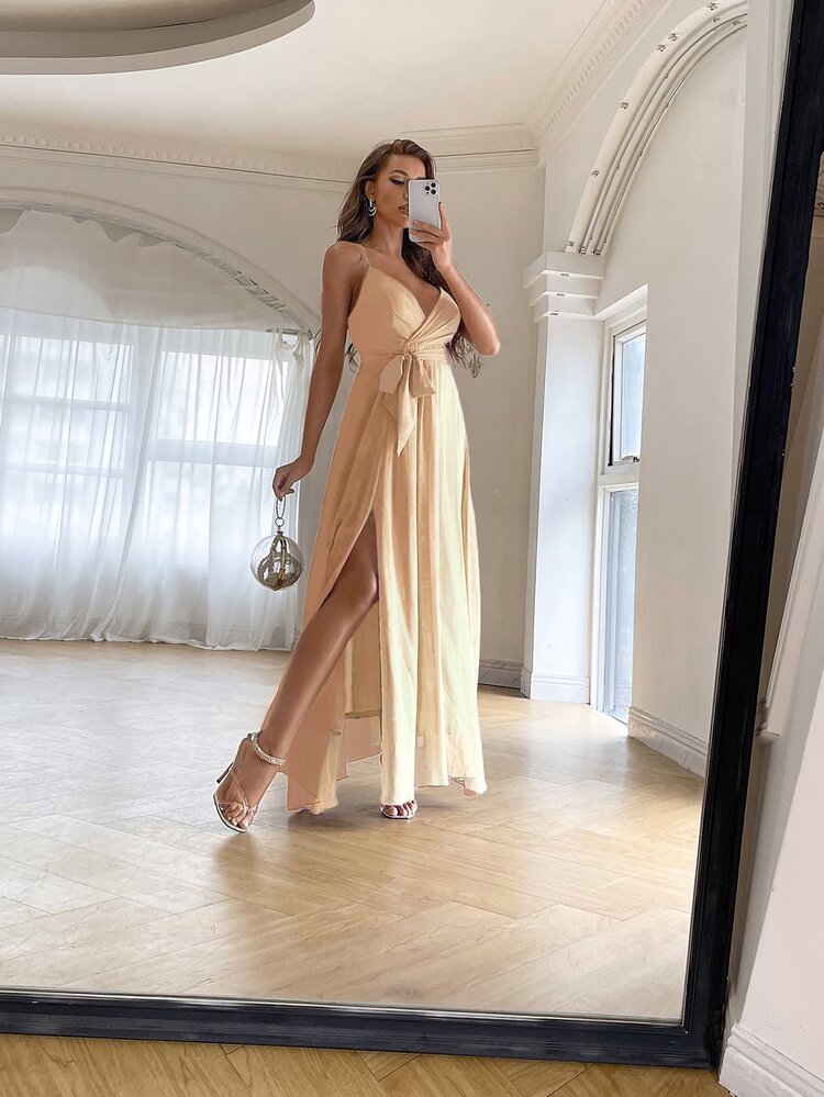 Solid Criss Cross Belted Chiffon Dress - Apricot - View 3