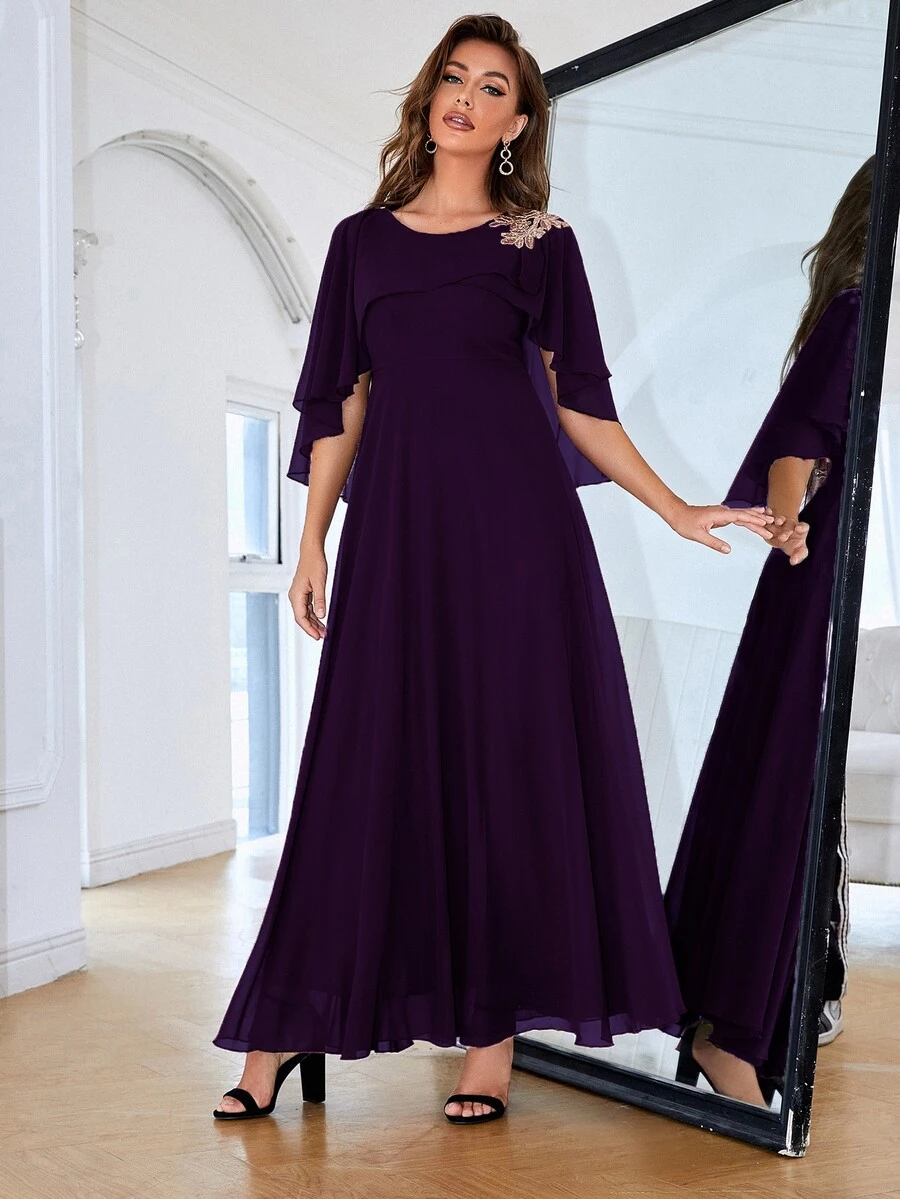 花卉刺繡網紗細節伴娘連衣裙 - 紫色 - 查看 1