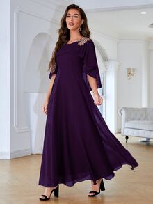 花卉刺繡網紗細節伴娘連衣裙 - 紫色 - 查看 5