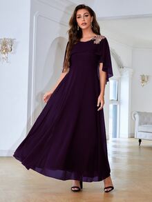 花卉刺繡網紗細節伴娘連衣裙 - 紫色 - 查看 6