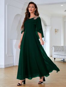 Váy phù dâu Nghề thêu màu trơn Thanh lịch - Màu xanh lá cây đậm - Xem 4