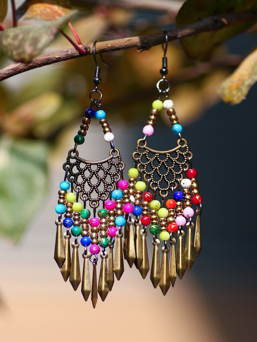 Beaded Tassel Decor Drop Earrings - Multicolor - View 1